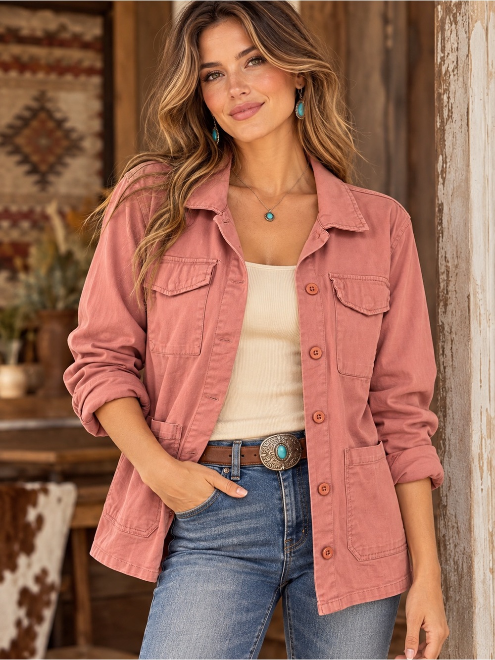 Sanctuary Pink Utility Jacket Medium Western Boho Shacket Chore Coat